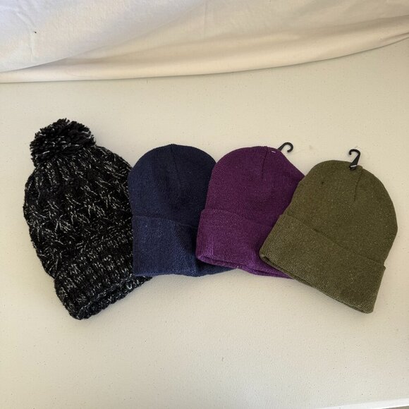 Beanie Hat Bundle | 4 Knit Winter Hats in Black, Navy, Purple & Olive | One Size - Picture 1 of 13